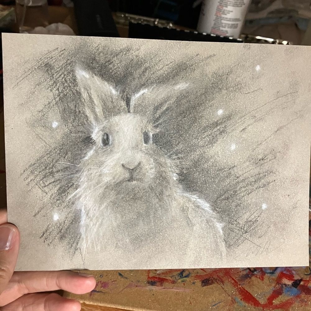 Original Rabbit Painting bunny Art Fun charcoal pastel ooak artwork Artettina US